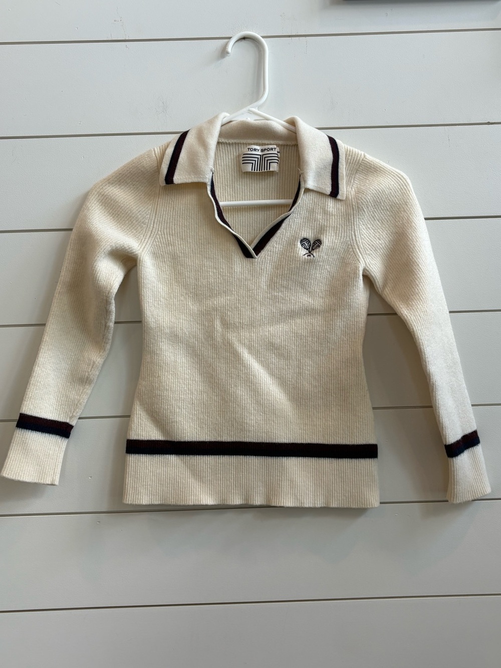 Tory Burch Sport Cream V-Neck Polo Sweater - Picture 3 of 7
